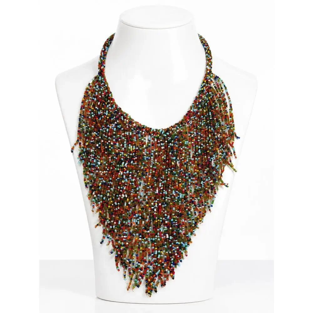 Colorful Seed Bead Fringe Bib Statement Necklace Boho Festival Tribal 19”